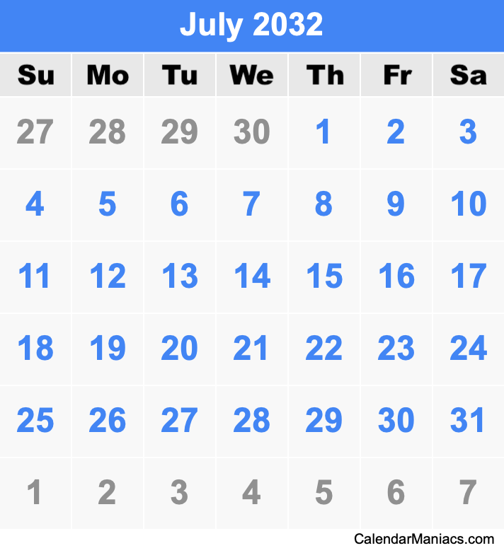 July 2032 Printable Calendar July 2032 Calendar