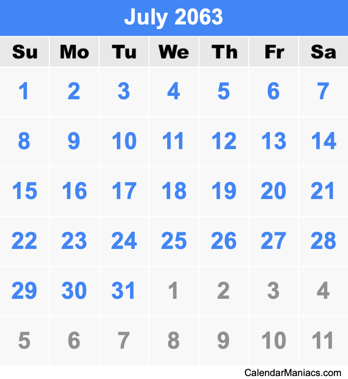 July 2063 Printable Calendar July 2063 Calendar