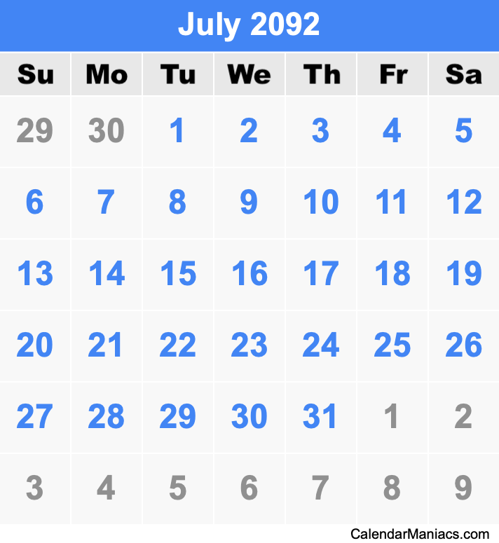 July 2092 Printable Calendar July 2092 Calendar
