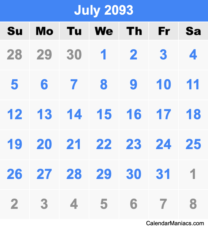 July 2093 Printable Calendar July 2093 Calendar