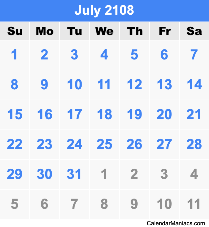 July 2108 Printable Calendar July 2108 Calendar