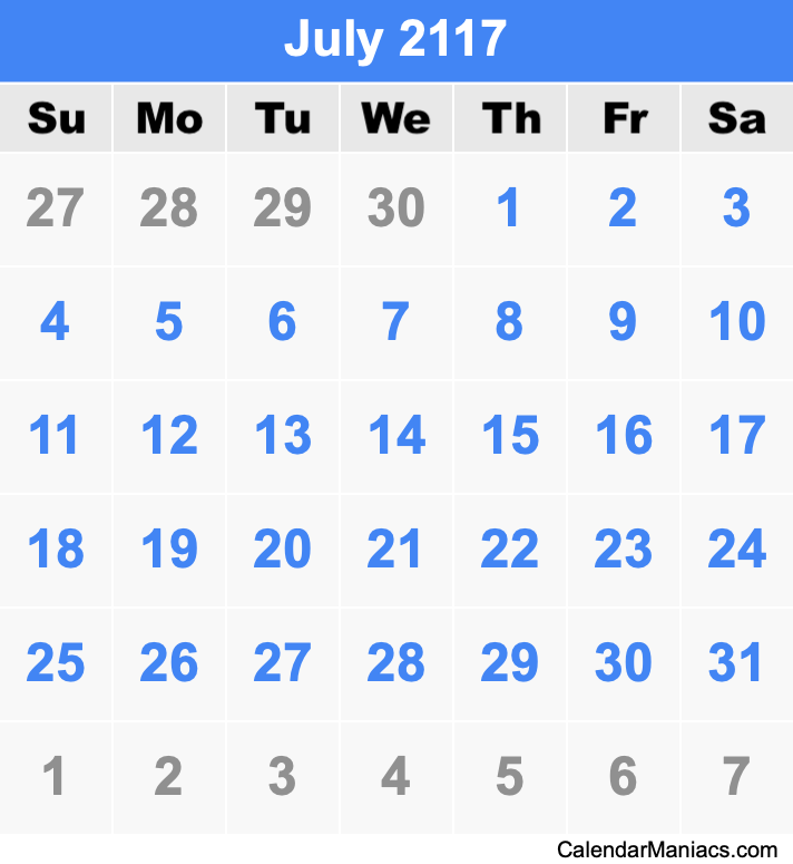 July 2117 Printable Calendar July 2117 Calendar