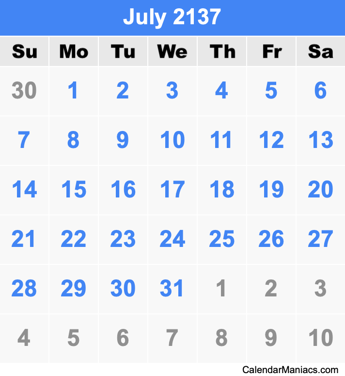 July 2137 Printable Calendar July 2137 Calendar