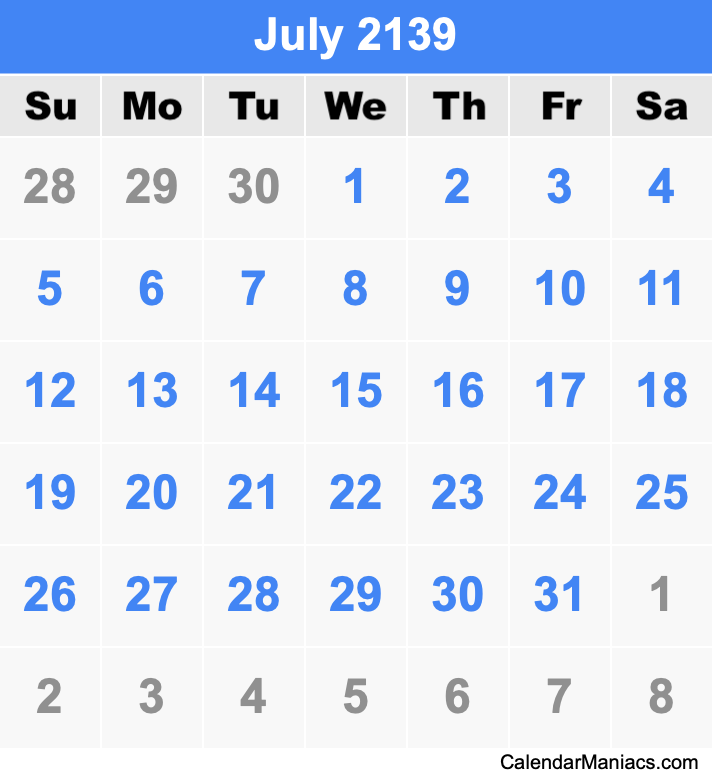 July 2139 Calendar