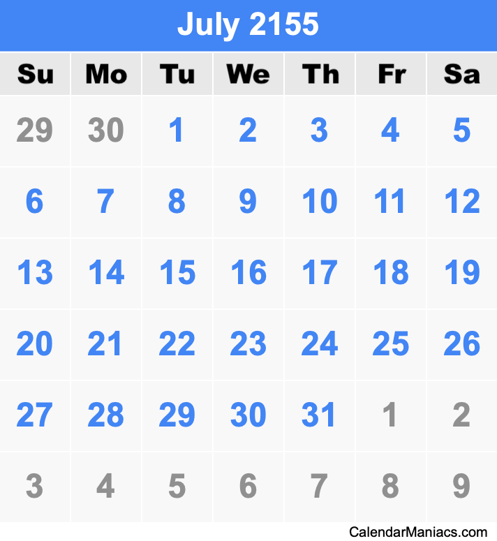 July 2155 Printable Calendar July 2155 Calendar
