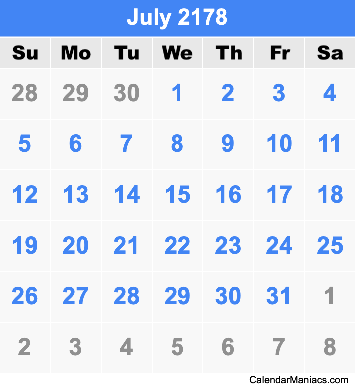 July 2178 Printable Calendar July 2178 Calendar
