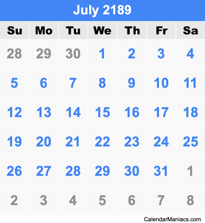 July 2189 Printable Calendar July 2189 Calendar