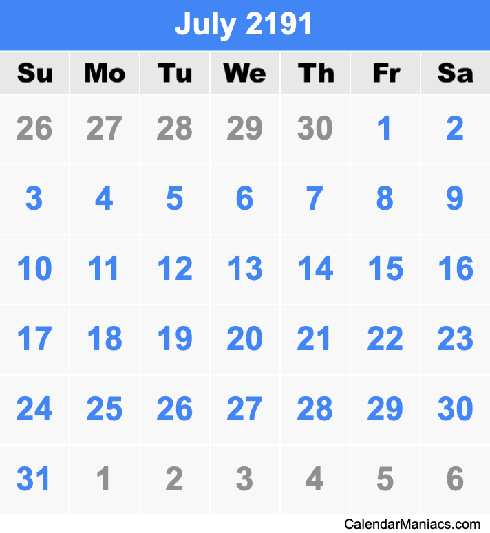 July 2191 Printable Calendar July 2191 Calendar