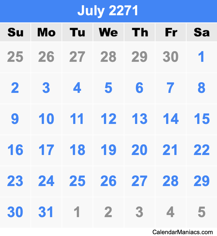 July 2271 Printable Calendar July 2271 Calendar