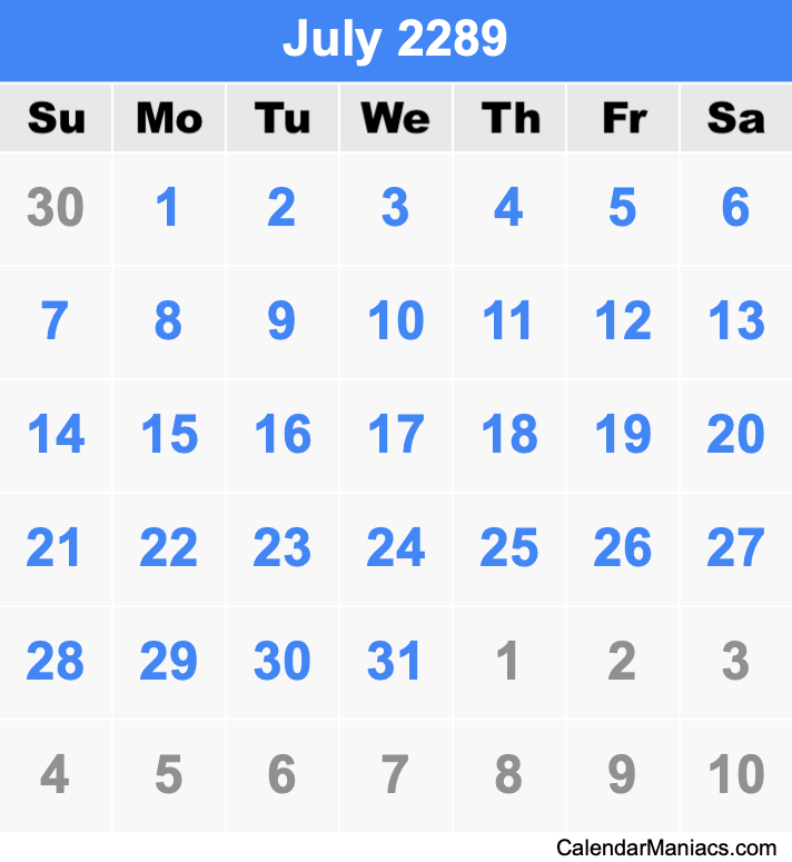 July 2289 Calendar