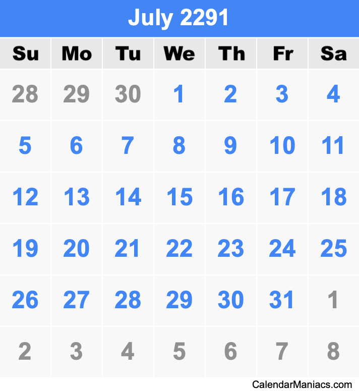 July 2291 Calendar