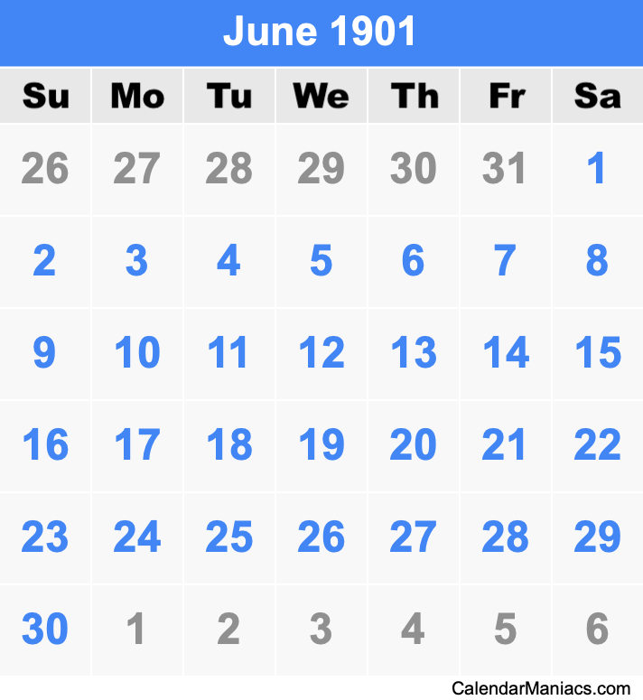 June 1901 Printable Calendar June 1901 Calendar