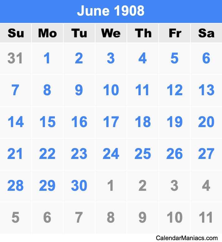 June 1908 Printable Calendar June 1908 Calendar