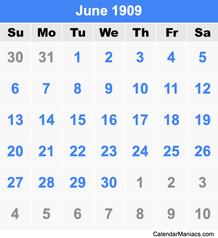 June 1909 Printable Calendar June 1909 Calendar