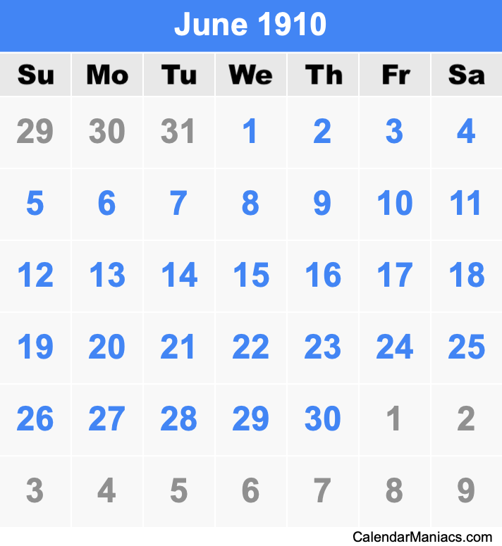 June 1910 Printable Calendar June 1910 Calendar