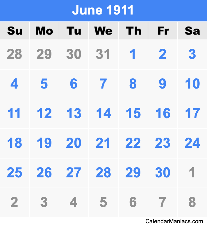 June 1911 Printable Calendar June 1911 Calendar