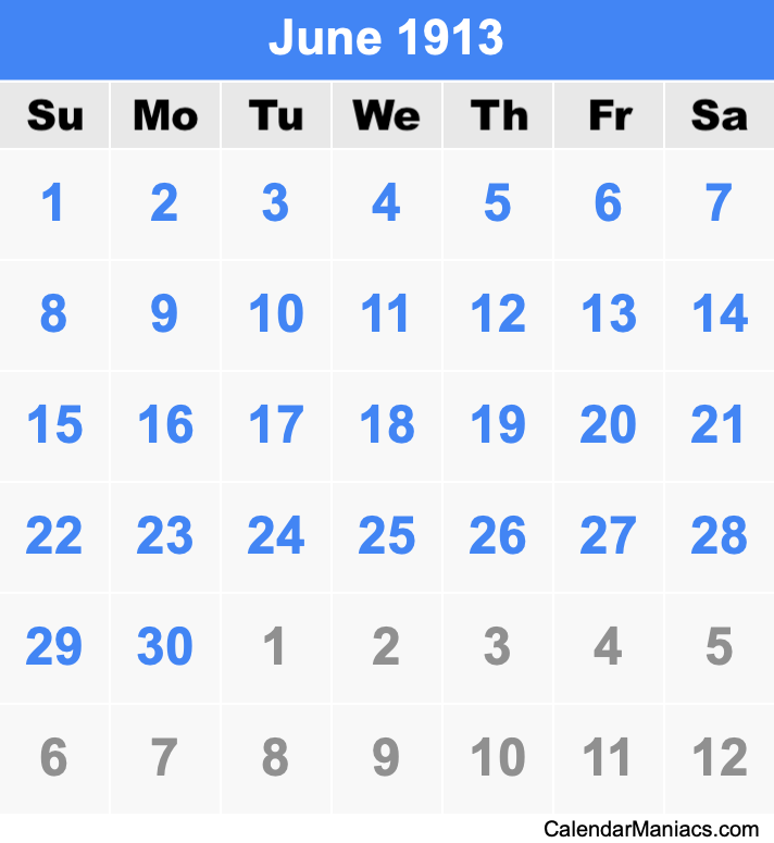 June 1913 Printable Calendar June 1913 Calendar
