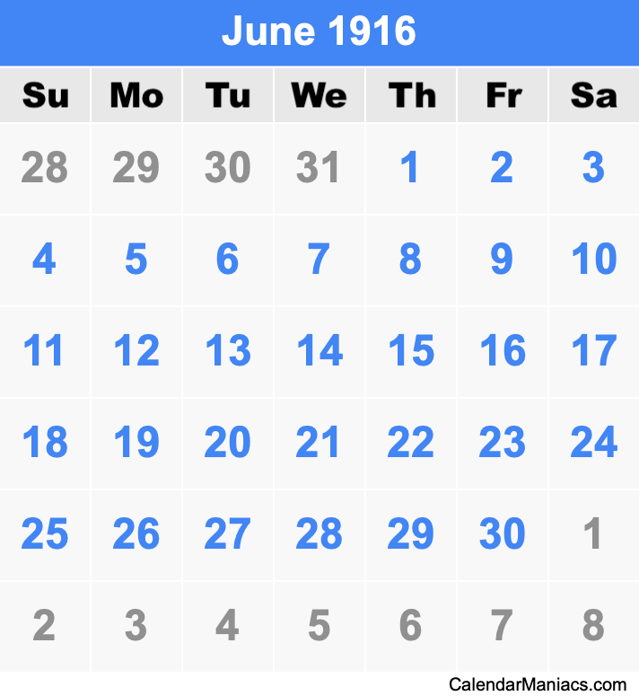June 1916 Printable Calendar June 1916 Calendar