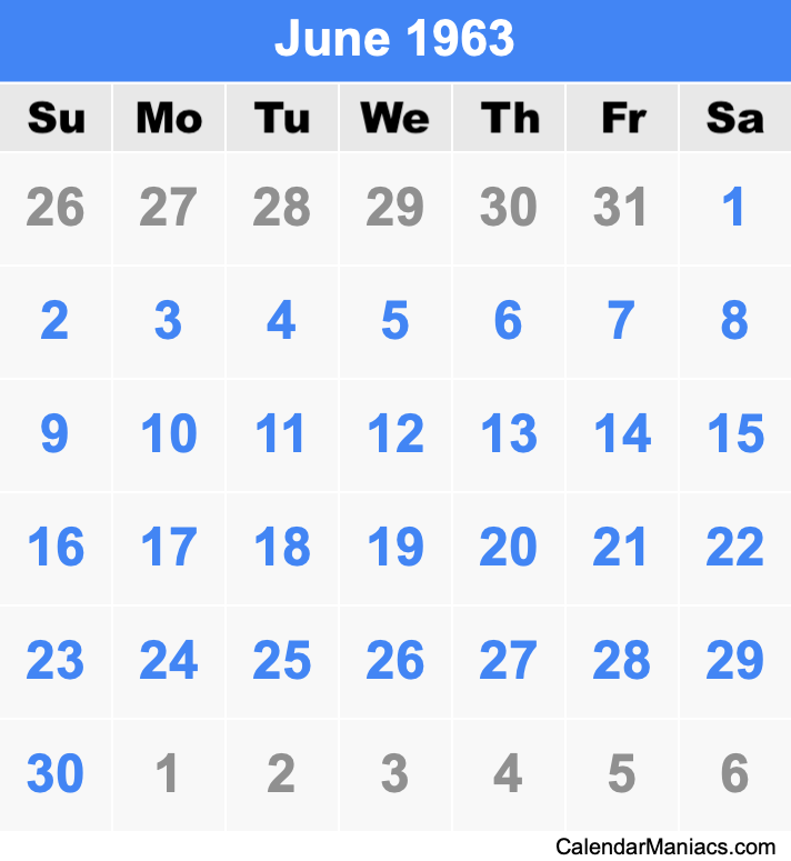 June 1963 Calendar