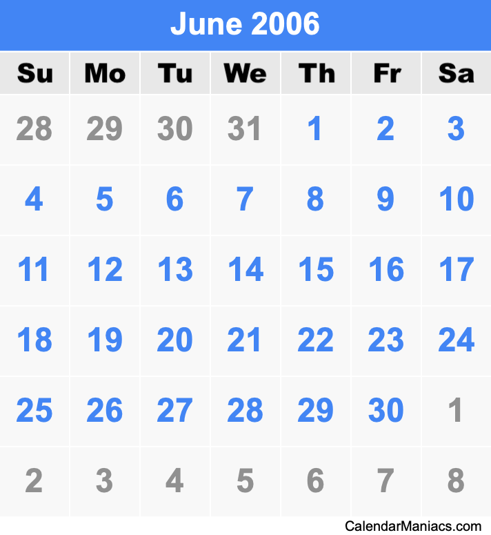 June 2006 Calendar June 2006 Calendar