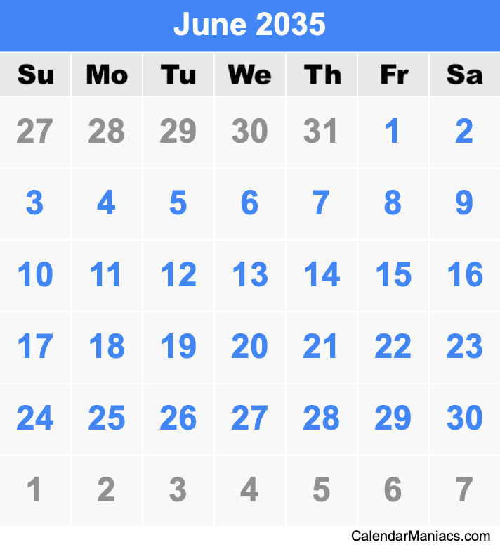 June 2035 Printable Calendar June 2035 Calendar