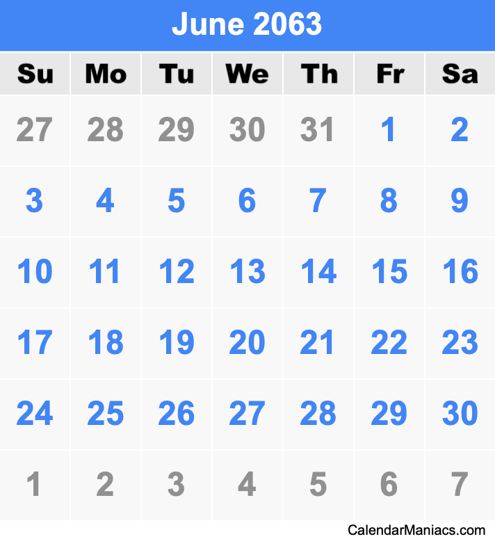 June 2063 Printable Calendar June 2063 Calendar