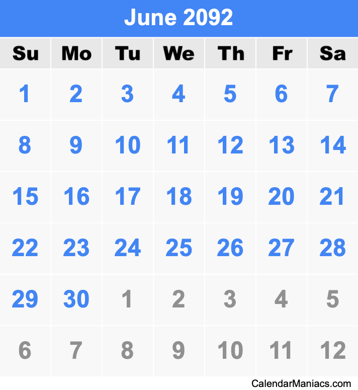 June 2092 Calendar