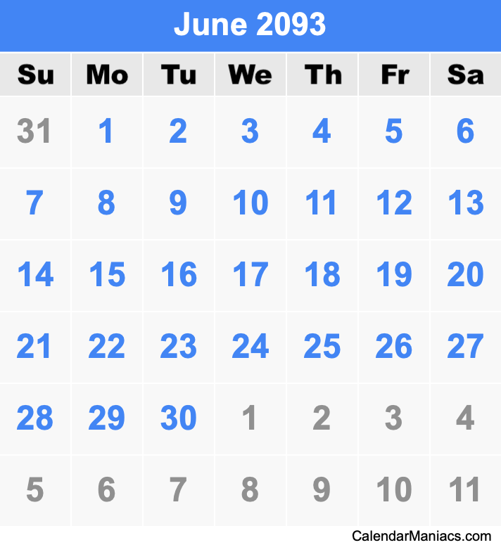 June 2093 Printable Calendar June 2093 Calendar