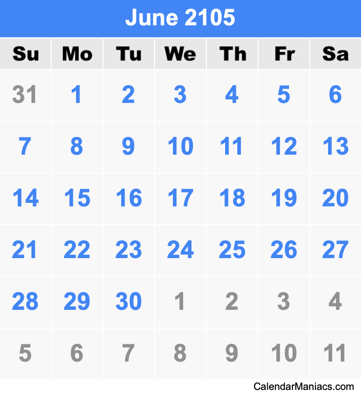 June 2105 Printable Calendar June 2105 Calendar
