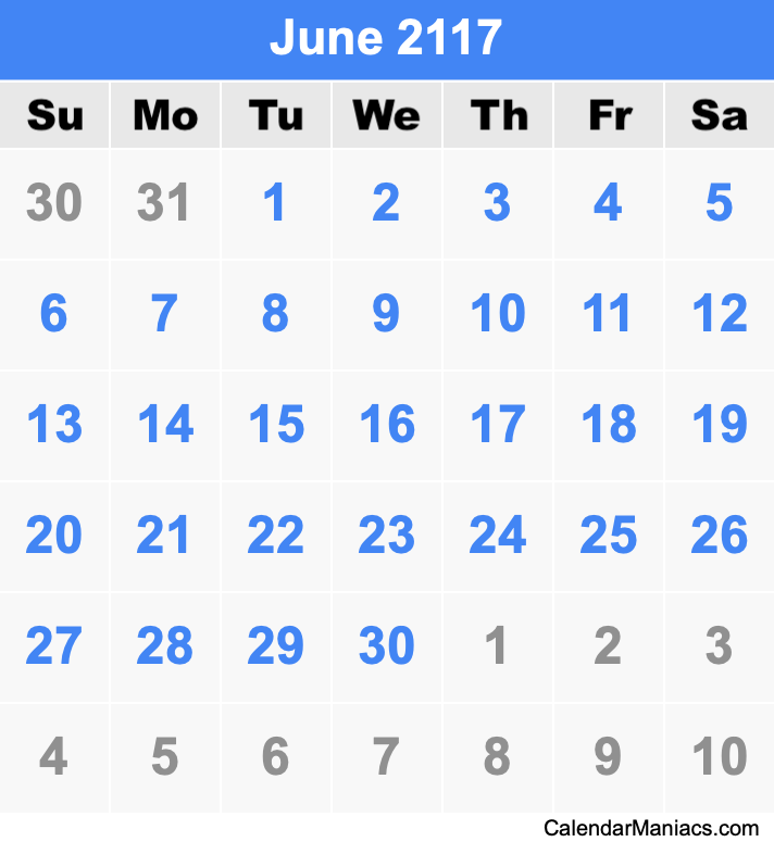 June 2117 Printable Calendar June 2117 Calendar