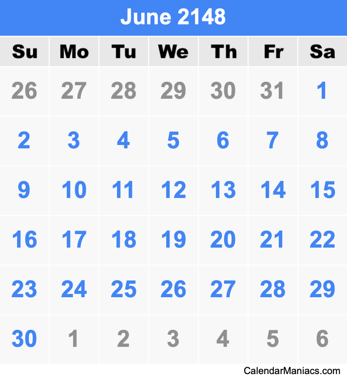 June 2148 Printable Calendar June 2148 Calendar