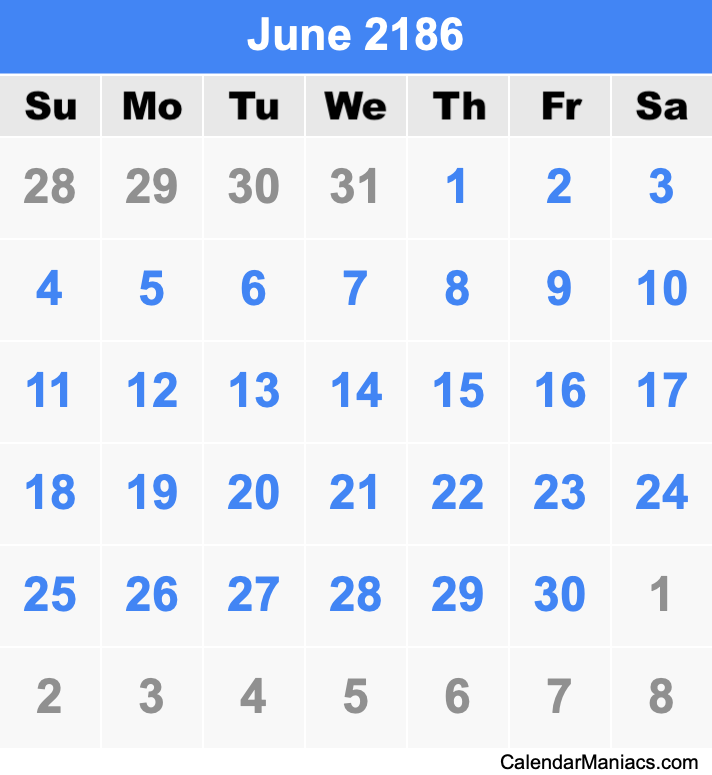 June 2186 Printable Calendar June 2186 Calendar