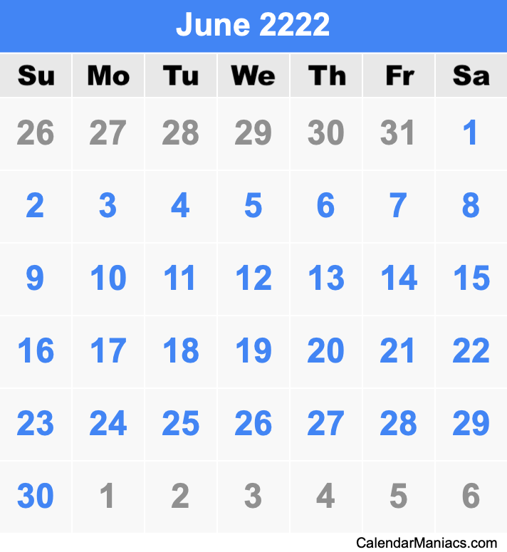 June 2222 Printable Calendar June 2222 Calendar