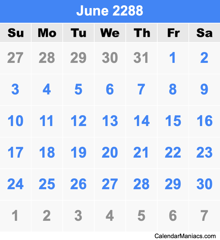 June 2288 Printable Calendar June 2288 Calendar