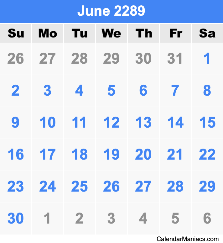 June 2289 Printable Calendar June 2289 Calendar