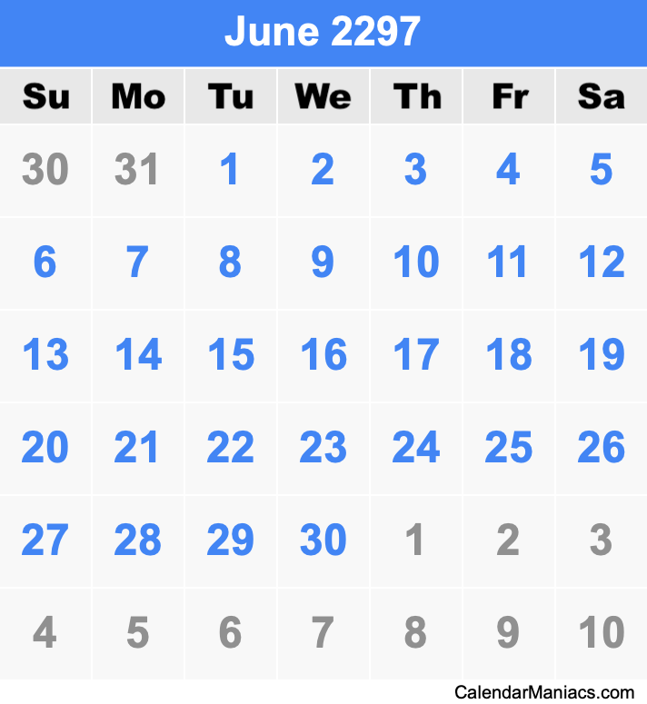June 2297 Printable Calendar June 2297 Calendar