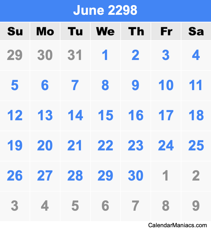 June 2298 Printable Calendar June 2298 Calendar