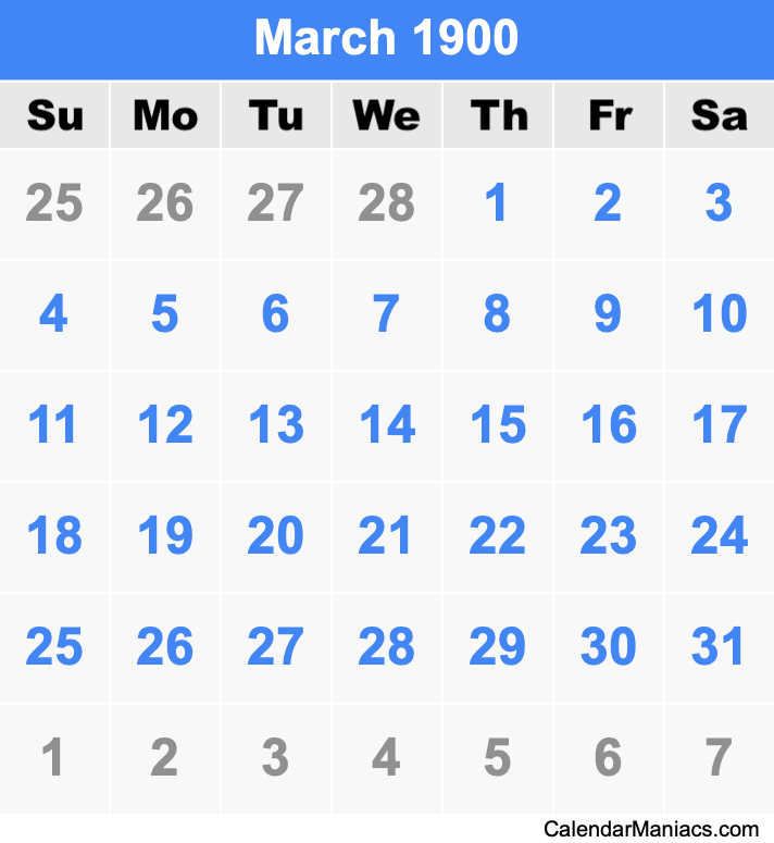 March 1900 Printable Calendar March 1900 Calendar
