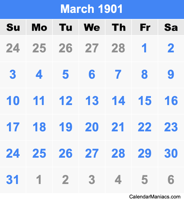 March 1901 Calendar