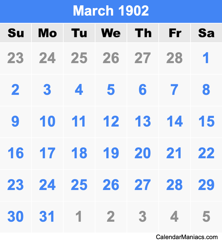 March 1902 Calendar
