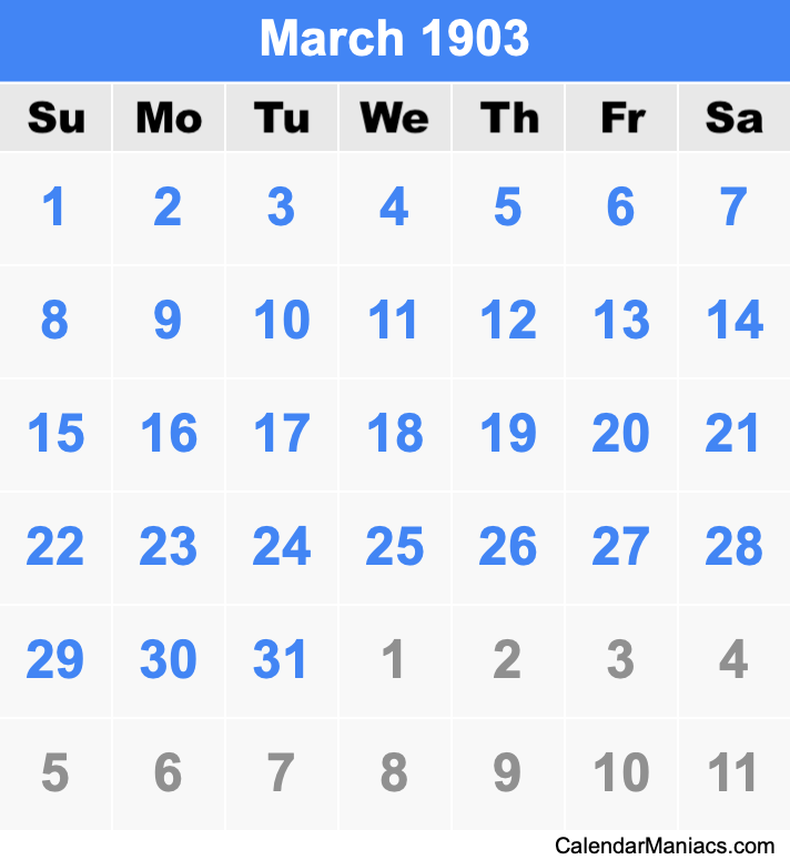 March 1903 Printable Calendar March 1903 Calendar