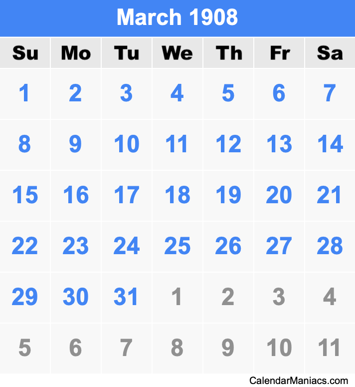 March 1908 Printable Calendar March 1908 Calendar