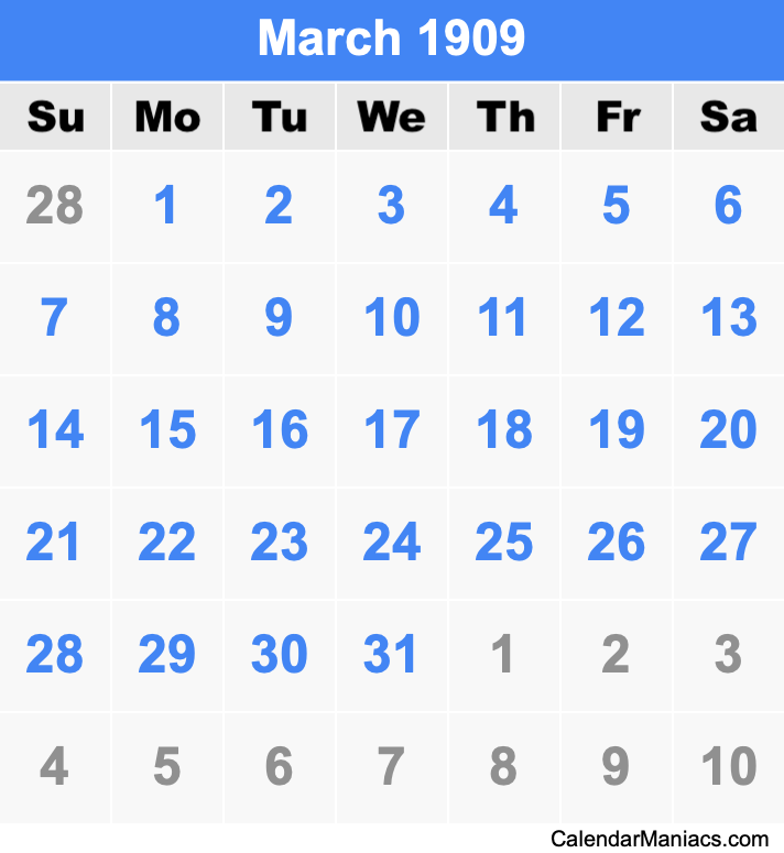 March 1909 Printable Calendar March 1909 Calendar