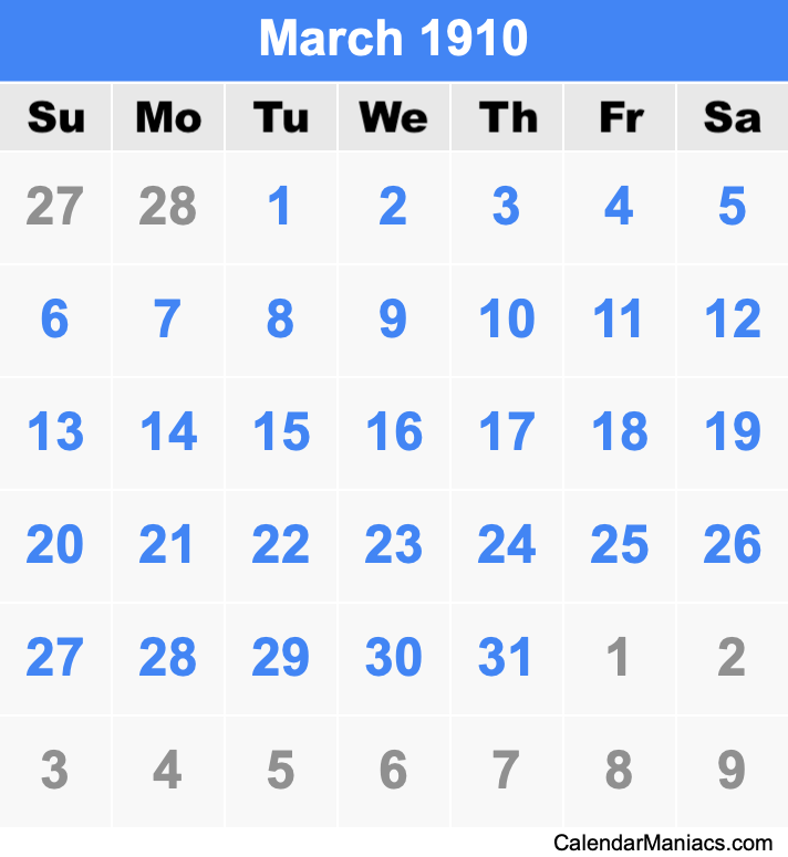 March 1910 Printable Calendar March 1910 Calendar
