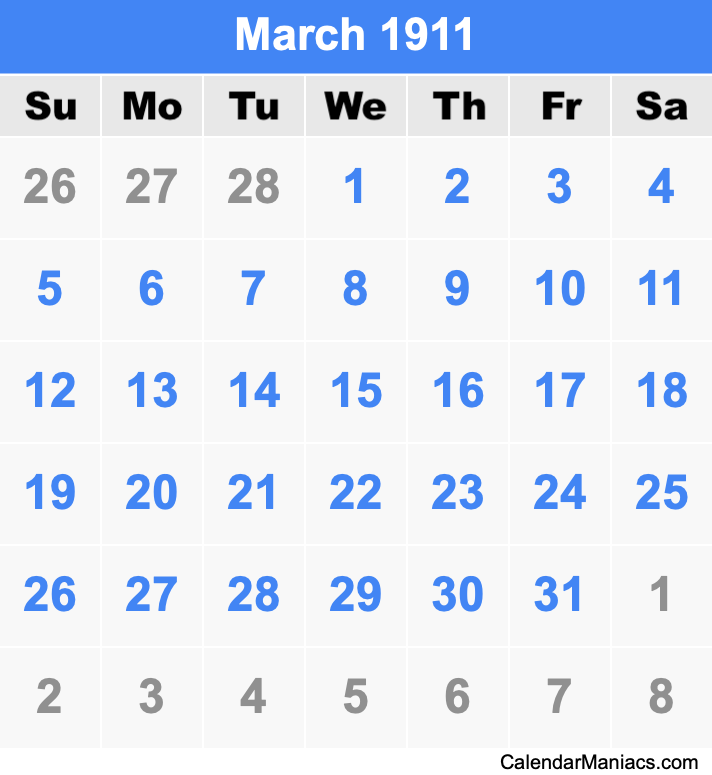 March 1911 Printable Calendar March 1911 Calendar