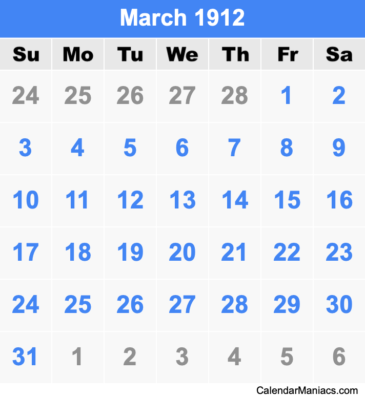 March 1912 Printable Calendar March 1912 Calendar