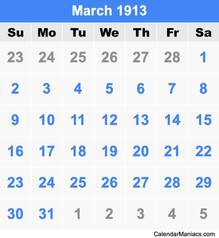 March 1913 Printable Calendar March 1913 Calendar