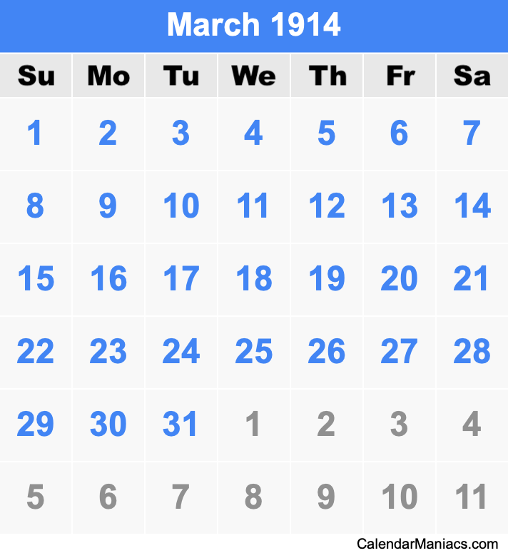 March 1914 Printable Calendar March 1914 Calendar