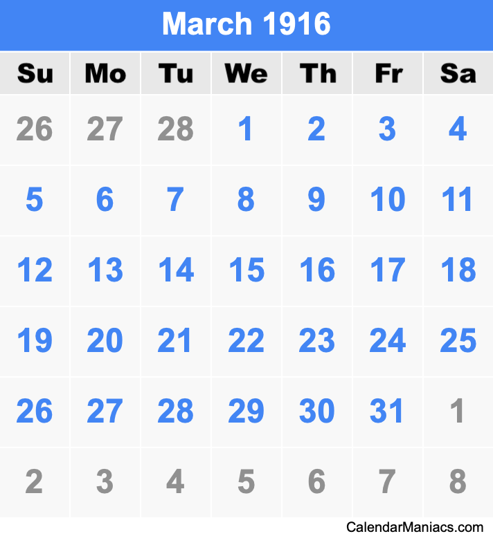 March 1916 Printable Calendar March 1916 Calendar