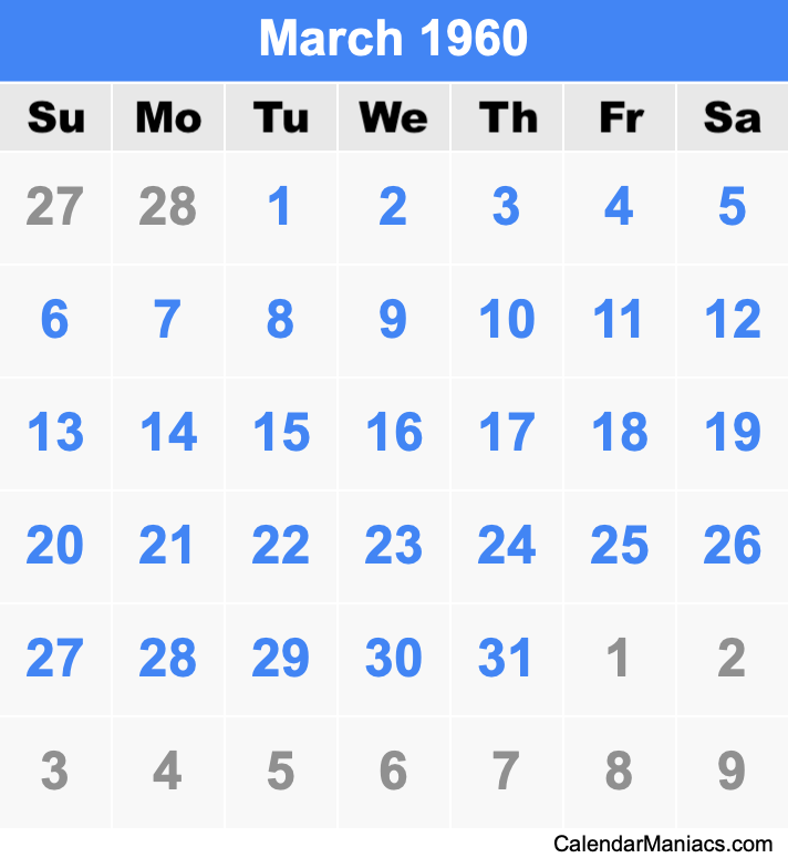 March 1960 Calendar